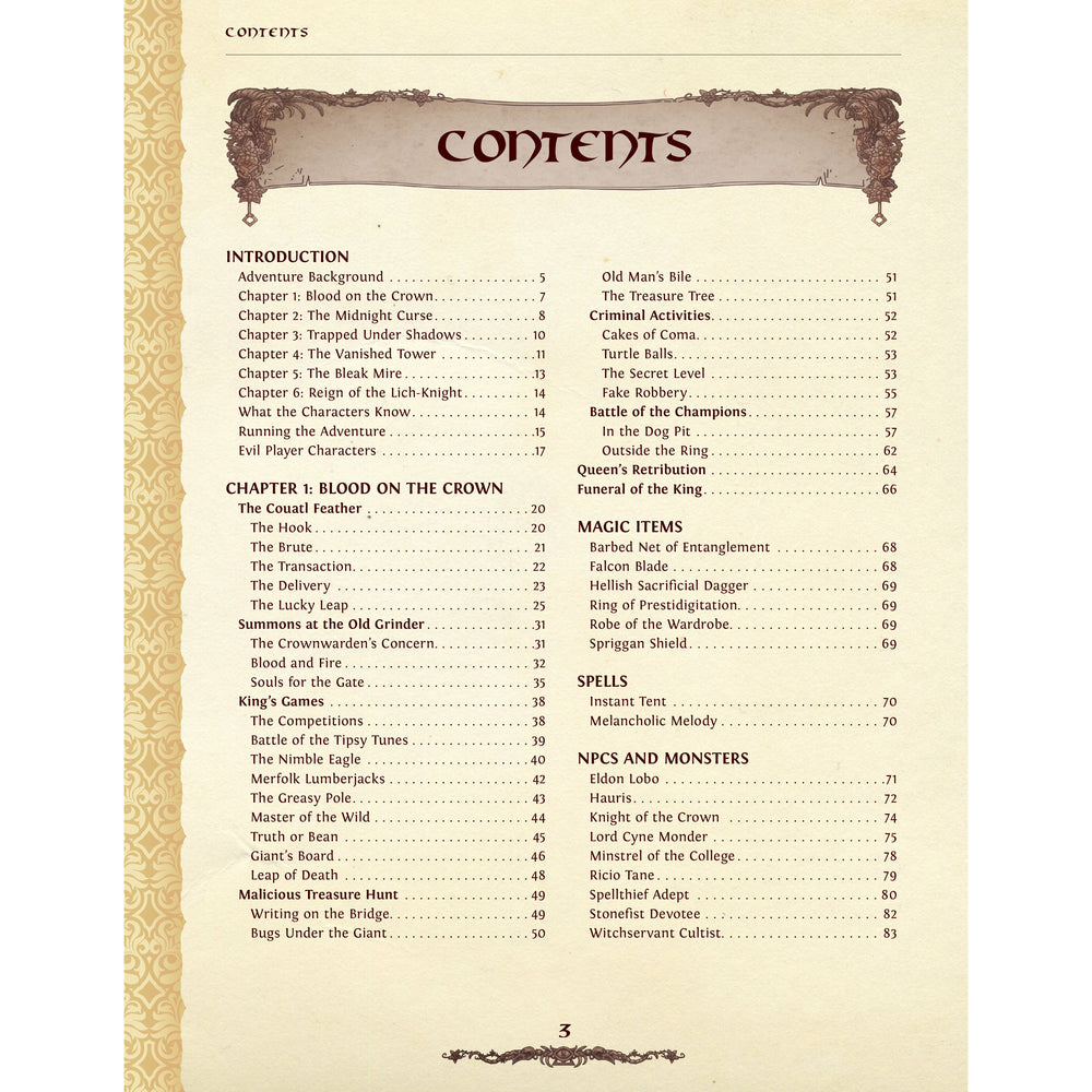 table of contents for the adventure