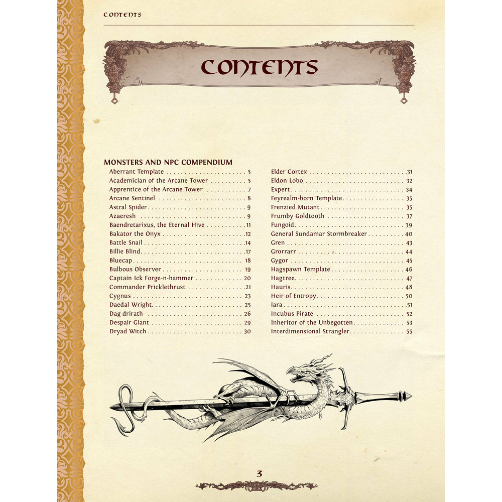 table of contents for the